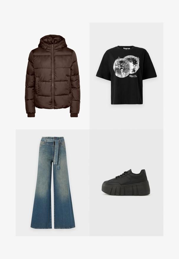Brown padded jacket with a hood, featuring a front zipper, two side pockets, and ribbed cuffs. Smooth, shiny texture with quilted design.; Black short-sleeve t-shirt featuring two silver disco ball prints and "Disco Fever Night Party" text in white below the design.; Wide-leg denim trousers featuring a light to dark blue gradient, high waist, belt loops, and a matching fabric belt. Textured denim finish.; Black platform sneakers with a smooth synthetic upper, rounded toe, lace-up design, and a thick, ridged sole for added height.