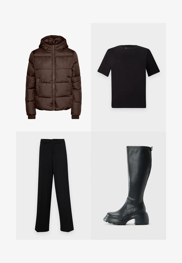 Brown padded jacket with a hood, featuring a front zipper, two side pockets, and ribbed cuffs. Smooth, shiny texture with quilted design.; Black short-sleeve t-shirt with a round neckline, crafted from soft cotton fabric. Simple design, no visible logos or patterns.; Black wide-leg trousers made of smooth fabric, featuring a classic waistband with a button closure and front pleats.; Tall black leather boot with chunky platform sole and block heel, featuring pull tab and textured tread on outsole.