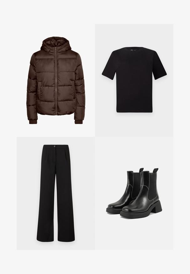 Pruunist voodriga jope, millel on kapuuts, esikülje tõmblukk, kaks küljetaskut ja soonikuga mansetid. Sile, läikiv tekstuur koos kangas tikandiga.; Must olema lühikeste varrukatega must t-särk ümmarguse kaelusega, valmistatud pehmest puuvillast kangast. Lihtne disain, ilma nähtavate logode või mustriteta.; Mustad kõrge vöökohaga laiad püksid, millel on esine nupp ja tõmblukk, ning vöökohal on peened voldid.; Must musta Chelsea saapad, millel on paks konts, elastsed külgpaneelid ja kontrastne valge õmblus. Tekstuuriga viimistlus.