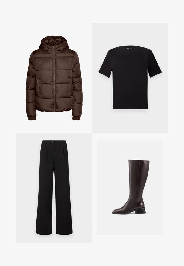 Giacca imbottita marrone con cappuccio, dotata di zip frontale, due tasche laterali e polsini a coste. Texture liscia e lucida con design trapuntato.; T-shirt nera a maniche corte con scollatura rotonda, realizzata in morbido cotone. Design semplice, senza loghi o motivi visibili.; Pantaloni neri a vita alta con gamba larga, dotati di chiusura frontale con bottone e zip, caratterizzati da sottili pieghe sotto la vita.; Stivali in pelle marrone al ginocchio con finitura liscia, punta arrotondata e tacco nero impilato. Design semplice con dettagli hardware minimi.
