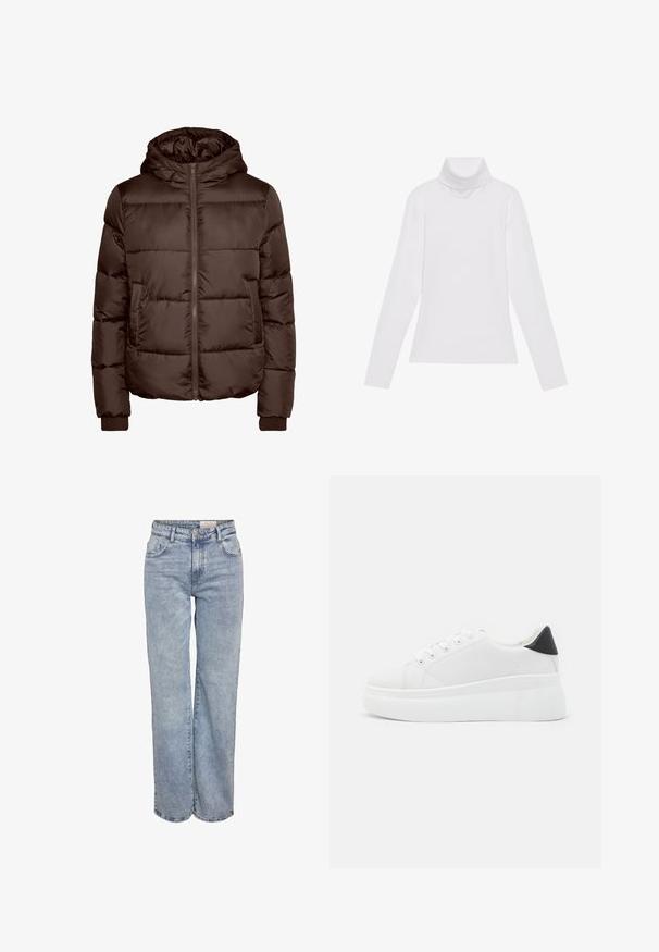 Καφέ μαλακή τζακέτα με κουκούλα, που διαθέτει μπροστινό φερμουάρ, δύο πλαϊνές τσέπες και ριμπ μανσέτες. Λείο, γυαλιστερό υλικό με καπιτονέ σχέδιο.; Λευκή μακρυμάνικη μπλούζα με ψηλό λαιμό από λείο, ελαστικό ύφασμα. Διαθέτει ψηλό γιακά και εφαρμοστή σχεδίαση, χωρίς ορατά σχέδια ή διακοσμητικά.; Ανοιχτού μπλε τζιν με φαρδιά πόδια, κατασκευασμένα από τζιν ύφασμα, με ψηλή μέση, πέντε τσέπες και μια subtile φθορά για ένα εμφάνιση φθαρμένου.; Λευκά πλατφόρμα αθλητικά παπούτσια κατασκευασμένα από λείο συνθετικό υλικό, με στρογγυλή μύτη, σχέδιο με κορδόνια και υφασμένη καουτσούκ σόλα. Μαύρη έγχρωμη λεπτομέρεια στη φτέρνα.