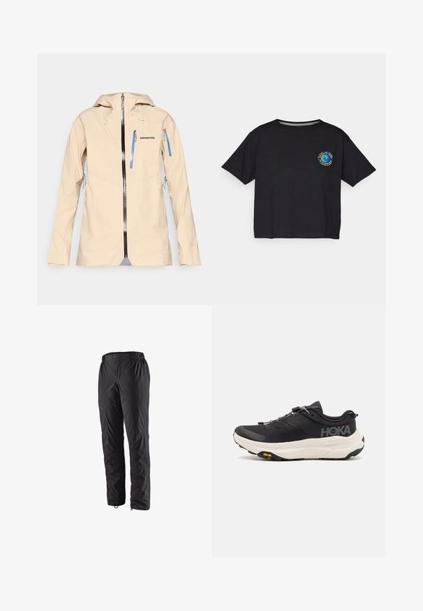 Beige wasserfeste Jacke mit einem Frontreißverschluss, verstellbarem Kapuzen, und zwei Reißverschlusstaschen mit blauen Reißverschlussanhängern. Glatte Textur, schlankes Design.; Schwarzes Baumwoll-T-Shirt mit kurzen Ärmeln, das auf der Brust ein rundes, mehrfarbiges Logo zeigt. Gerader Saum und lockere Passform.; Schwarze wasserdichte Hose mit elastischem Bund, seitlichen Reißverschlusstaschen, schmal zulaufendem Bein und glatter Textur. Geeignet für Outdoor-Aktivitäten.; Schwarze Sportschuhe mit einem atmungsaktiven Mesh-Obermaterial, Gummisohle, weißem dämpfenden Zwischensohle und reflektierenden Schnürsenkeln. Vibram-Logo auf der Sohle.