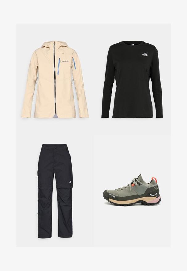 Beige nepromokavá bunda s předním zipem, nastavitelnou kapucí a dvěma kapsami na zip se modrými táhly. Hladká textura, štíhlý design.; Černé tričko s dlouhým rukávem vyrobené z bavlny s kulatým výstřihem. Na levé části hrudi se nachází malé bílé logo. Jednoduchý design a střih.; Černé nylonové cargo kalhoty na zip s nastavitelnými manžetami, několika kapsami a logem na pravé noze. Hladká, lehká textura.; Lehká zelená turistická bota vyrobená z prodyšných a gumových materiálů, s černou trakční podešví, růžovými a oranžovými akcenty a zpevněným špičkovým krytem.