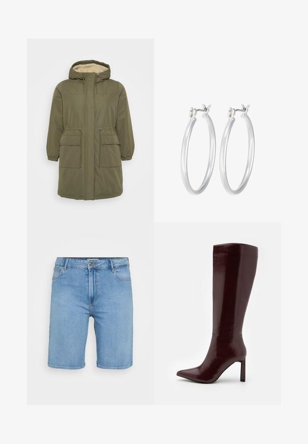 Parka vert olive avec une capuche doublée en fausse fourrure, fermeture éclair à l'avant, poignets élastiques, taille cordon et deux poches plaquées à l'avant.; Chemise en denim bleu clair à manches courtes, dotée de deux poches avant et ornée de petits clous en argent partout.; Shorts en denim bleu clair avec une coupe classique, dotés d'une fermeture à bouton à l'avant, de passants de ceinture et de deux poches latérales. Texture lisse et ourlet droit.; Even&Odd Bottes - dark red; Boucles d'oreilles en argent avec une finition lisse et polie. Forme ronde et fermeture à clip sécurisée. Design léger adapté pour un port quotidien.