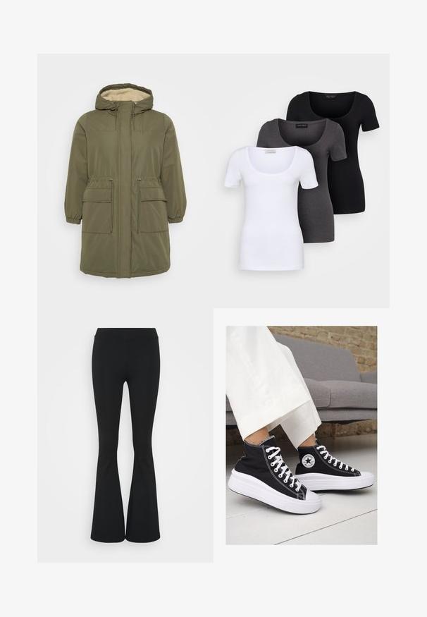 Parka verde oliva con cappuccio foderato in pelliccia sintetica, chiusura frontale con zip, polsini elasticizzati, vita con cordoncino e due tasche a toppa frontali.; Tre T-shirt aderenti in bianco, grigio e nero. Ognuna presenta un ampio scollo a barca e maniche corte. Realizzate in un tessuto morbido e elastico.; Pantaloni neri a zampa d'elefante realizzati in tessuto elasticizzato, con una vita alta e una superficie liscia. I pantaloni si allargano a partire dal ginocchio.; Sneaker alte nere in tela con suole e lacci bianchi. Presentano un logo circolare sul lato e cuciture bianche a contrasto.