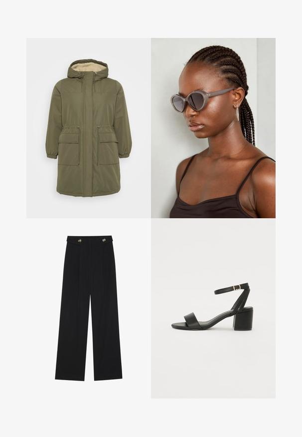 Olivgrüne Parka mit einer Kapuze aus Kunstfell, Frontreißverschluss, elastischen Bündchen, Kordelzug in der Taille und zwei aufgesetzten Taschen vorne.; Weißes Kurzarm-T-Shirt, runder Halsausschnitt, weicher Baumwollmischstoff, lockere Passform, nahtsaum, minimalistisches Design ohne Verzierungen.; Schwarze weite Hosen mit hoher Taille, Knopfdetails am Bund und vorderen Falten.; Schwarze High Heels Sandalen mit einem glatten Lederoberteil, offener Zehenpartie, breiten Vorderstraps und verstellbarem Knöchelriemen mit einem goldenen Schnallen-Detail.; Graue, übergroße Sonnenbrille mit runder Form und dunklen Gläsern. Eleganter Kunststoffrahmen mit glatter Oberfläche. Das Modell hat geflochtenes Haar.