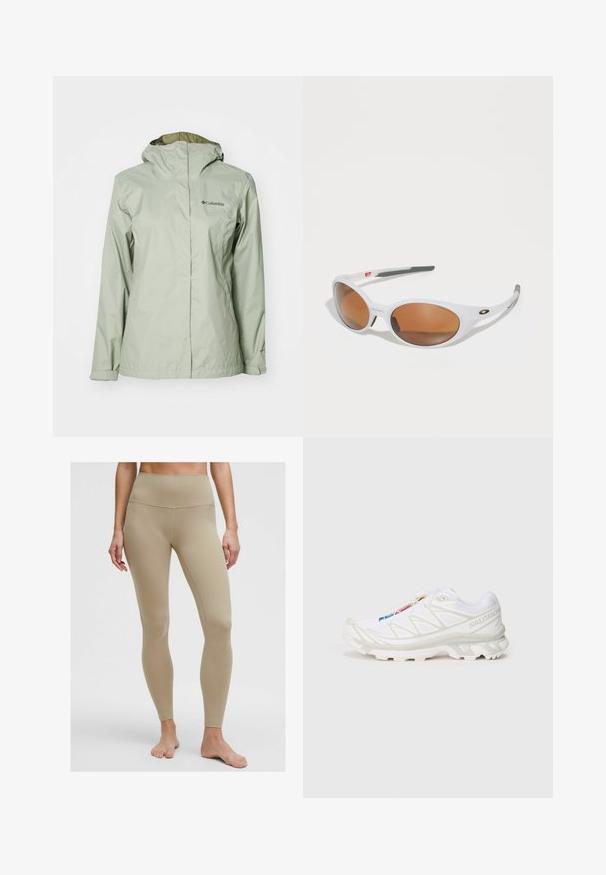 Giacca impermeabile verde chiaro con cappuccio, presenta una zip frontale completa, polsini elastici e un dettaglio con logo sul petto sinistro. Texture morbida.; Top corto bianco senza maniche realizzato in un tessuto liscio e elasticizzato. Presenta un collo rotondo e sottili dettagli di cucitura lungo i bordi.; Leggings beige a vita alta realizzati in tessuto elasticizzato, con una texture liscia e senza motivi o dettagli metallici visibili.; Scarpa da ginnastica bianca con tomaia in rete testurizzata, dettagli riflettenti e suola ammortizzata. Logo del marchio ben visibile sul lato.; Occhiali da sole bianchi con lenti marroni, forma ovale, realizzati in plastica liscia, con dettagli grigi sulle aste e un logo sulla montatura.