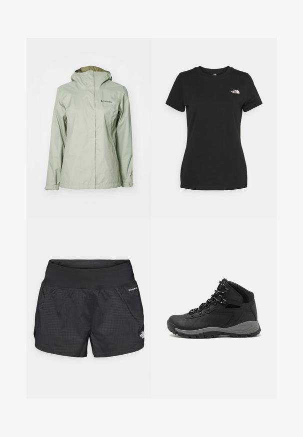Lys grøn vandtæt jakke med hætte, som har fuld frontlynlås, elastiske manchetter og logodetalje på venstre bryst. Blød tekstur.; Sort bomulds T-shirt med rund halsudskæring og korte ærmer. Bemærkelsesværdig hvid logo på øverste venstre side. Glat tekstur, afslappet pasform.; Sorte løbeshorts med et struktureret stof, elastisk talje og sidelommer; har et lille logo foran.; Sort vandrestøvle med en mellem-højde design, der har en tekstureret overdel, grå detaljer og en holdbar gummisål med skridsikre klodser.