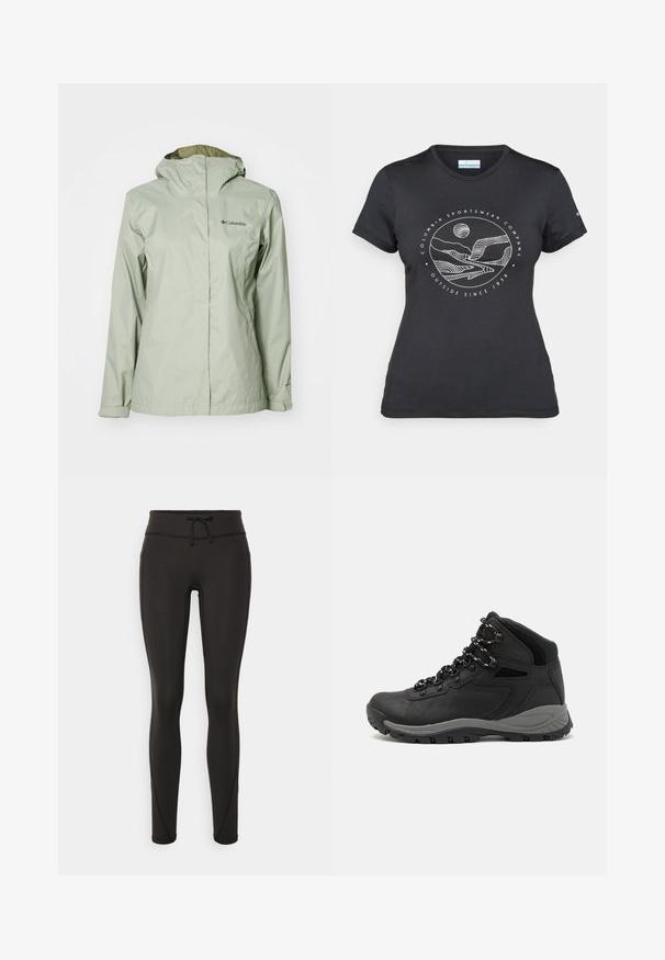Jacheta impermeabilă de culoare verde deschis, cu glugă, având un zip complet pe față, mansete elastice și detalii cu logo pe pieptul stâng. Textură moale.; Tricou negru Columbia cu artă liniară albă circulară reprezentând munți și un râu, împreună cu textul "Columbia Sportswear Company Afară din 1938."; Leggings negre cu talie înaltă, șnur, textură netedă și design ajustat. Prezintă detalii de cusături de-a lungul laturilor.; Botă de drumeție neagră cu un design mediu, având un material texturat, accente gri și o talpă din cauciuc durabilă cu crampoane pentru aderență.