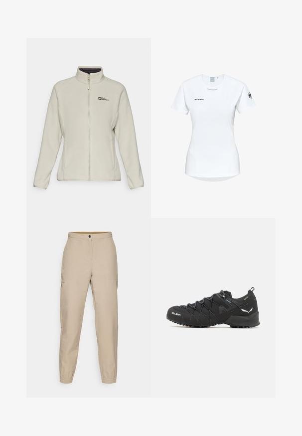 Light beige fleece jacket with a high collar, full zipper, and side pockets; features a small logo on the left chest area.; Short-sleeve white athletic shirt with a round neckline, featuring a logo on the chest and a smooth, lightweight fabric texture.; Beige tapered pants with a flat front, side pockets, elastic cuffs, and a button closure. Made from smooth fabric with a slight sheen.; Black hiking shoes with a textured fabric upper, lacing system, and rugged rubber sole. Accented with reflective details and logos.