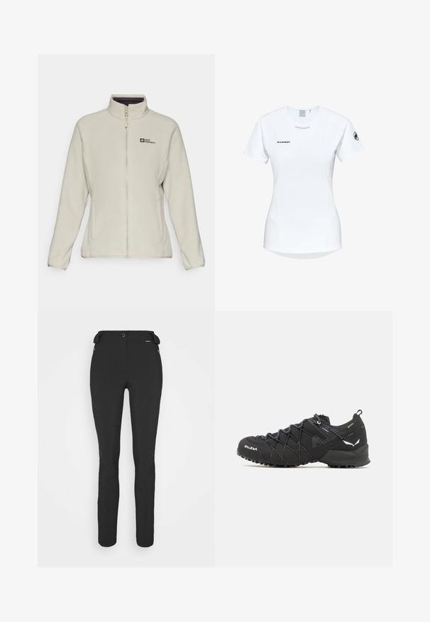 Light beige fleece jacket with a high collar, full zipper, and side pockets; features a small logo on the left chest area.; Short-sleeve white athletic shirt with a round neckline, featuring a logo on the chest and a smooth, lightweight fabric texture.; Black, fitted pants made from a flexible material. Features include a zippered side pocket, articulated knees, and a smooth texture.; Black hiking shoes with a textured fabric upper, lacing system, and rugged rubber sole. Accented with reflective details and logos.