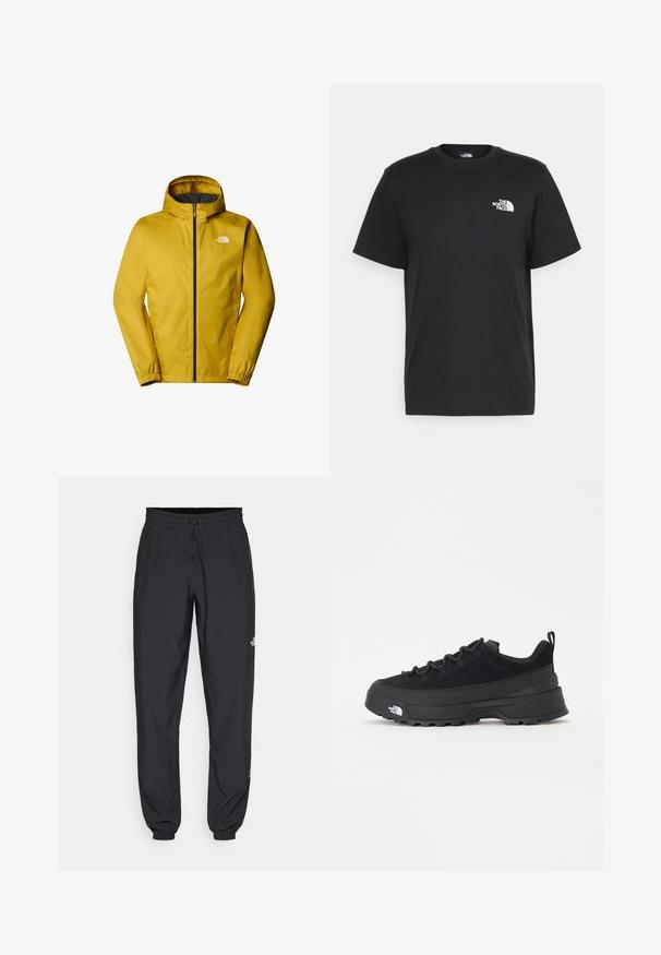 Keltainen sadeviitta, jossa on huppu, vetskari edessä, elastiset hihansuut ja harmaa vuori. Vasemmassa rinnassa on valkoinen logo.; Musta puuvillainen t-paita lyhyillä hihoilla, pyöreällä kaula-aukkolla ja pienellä valkoisella logolla vasemmassa rinnassa. Yksinkertainen muotoilu, sileä pinta ja rento istuvuus.; Mustat urheiluhousut, jotka on valmistettu kevyestä kankaasta. Housuissa on naru vyötäröllä, sivutaskut ja kapenevat hihnat nilkoissa.; Mustamustad välisjalanõud suede ülemise, tekstuuriga kummist tallaga ja tugeva paelaga. Varustatud tugevdatud kanna ja brändi logoga külgedel.