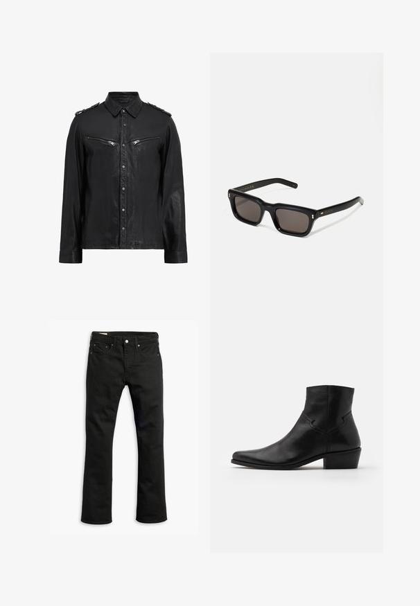 AllSaints ERGO - Leren jas - black; Roze satijnen blouse met een hoge hals, voorzien van een textuurfranje detail aan de voorkant en lange mouwen met aansluitende manchetten.; Zwarte denim jeans met een recht gesneden ontwerp, vijf zakken, metalen knoopsluiting en subtiele stikseldetails. Gladde textuur en effen kleur.; Zwarte leren enkellaars met een spitse neus, minimale stiksels, een middellange blokhak en een gladde, gepolijste afwerking.; Zwarte rechthoekige zonnebril met donkere lenzen, een dik plastic montuur, gouden accenten op de veren en het merkembleem gegraveerd op de arm.
