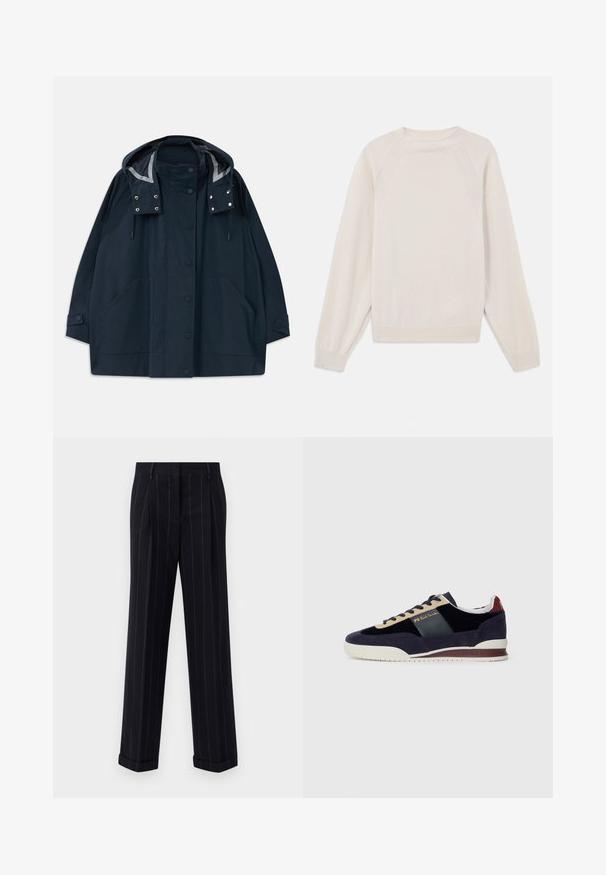 Tamsiai mėlynas lietpaltis su kapišonu, priekiniais užsegimais, didelėmis šoninėmis kišenėmis, reguliuojamomis raišteliais ir mygtukais užsegamais rankogaliais.; Šviesiai kremine megztinis, pagamintas iš minkštos, megztos medžiagos. Turi apvalų kaklą, ilgomis rankovėmis, su guma apdirbtomis rankovėmis ir apačia bei raglano tipo rankovėmis.; Juodi smėliniai kelnes su pritaikytu siluetu, su manžetėmis ir priekinėmis klostėmis. Pagaminta iš lygaus audinio su struktūrizuotu dizainu.; Jūrų melsvi velveto sportbačiai su smėlio ir tamsiai mėlynomis detalėmis. Turi baltą gumos pabanduką ir auksinius logotipus šone. Klasikinis sportinis dizainas.