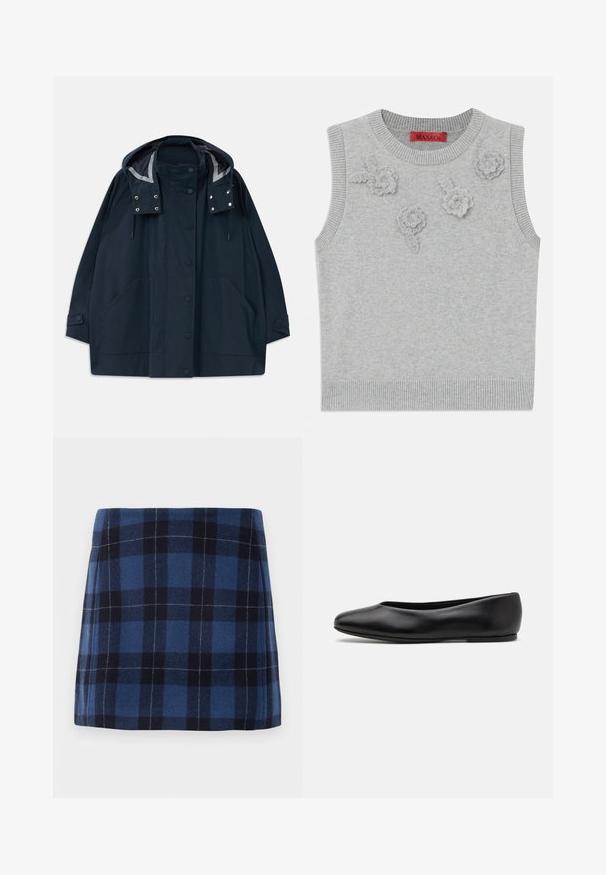 Tamno plavi kabanica s kapuljačom, prednjim zakopčavanjem na dugmad, velikim bočnim džepovima, podesivim ušicama i dugmadima na manžetama rukava.; Svijetlosivi bezrukavni pulover s rebrastim ovratnikom i rubom. Sadrži tri teksturirane cvjetne aplikae sprijeda. Brend: MAX&Co.; Karirana mini suknja u tamnoplavoj i mornarskoj boji, izrađena od meke tkanine s malo teksturiranim završetkom. Ima ravni kroj i čiste linije.; Paul Smith TOPANGA - Balerinke - black