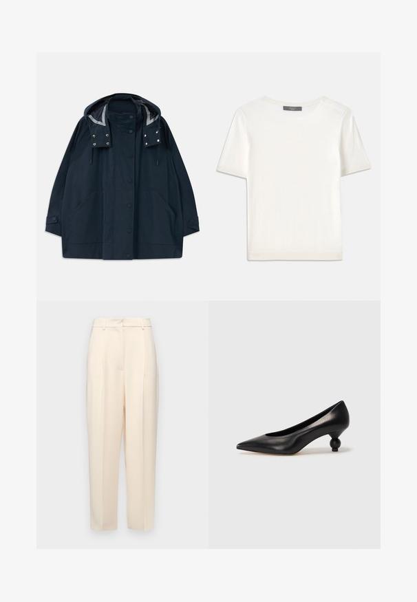 Dark navy hooded raincoat with front snap buttons, large side pockets, adjustable drawstrings, and buttoned sleeve cuffs.; White short-sleeve knit top with a round neckline, featuring a smooth texture and subtle ribbed accents at sleeves and hem.; Beige tailored trousers with a straight fit, featuring pleats at the front, a smooth texture, and a mid-rise waist. No visible pockets.; Black leather high heel shoe with a pointed toe and a round, balled heel. Smooth texture with a sleek, minimal design.