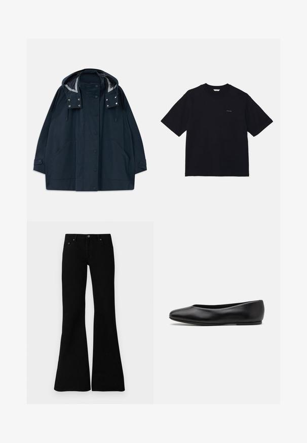 Impermeabile con cappuccio di un blu navy scuro, dotato di bottoni a scatto frontali, ampie tasche laterali, cordini regolabili e polsini con bottoni.; T-shirt nera a maniche corte in cotone, con colletto a girocollo e un piccolo logo sul lato sinistro del petto. Tessuto morbido e vestibilità rilassata.; Jeans neri a zampa d'elefante realizzati in denim, con un classico design a cinque tasche, chiusura con bottone e dettagli di cucitura sottili lungo le cuciture.; Paul Smith TOPANGA - Ballerine - black