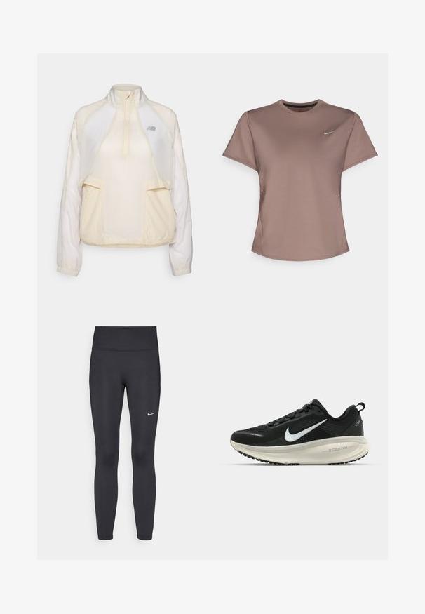 Kevyt vetoketjullinen takki, vaaleassa kerma-värissä, jossa on puolivetoketjun kaulus, kaksi etutaskua ja hienovaraisesti erottuvat kangasrakenteet. New Balance -logo on läsnä.; Ruskea urheilupaita, jossa on pyöreä kaula-aukko, lyhyet hihat ja huomaamattomat sivureikähdet. Rinnassa on pieni heijastava Nike-logo.; Mustat leggingsit joustavasta kankaasta, joissa on korkea vyötärö ja valkoinen Nike-logo vasemmassa reidessä. Sileä pinta, muotoaan myötäilevä suunnittelu.; Mustat Nike-juoksukengät, joissa on hengittävä verkko-osa, valkoinen swoosh-logo, teksturoitu yksityiskohtaus ja kermaisen värinen ZoomX-välipohja.