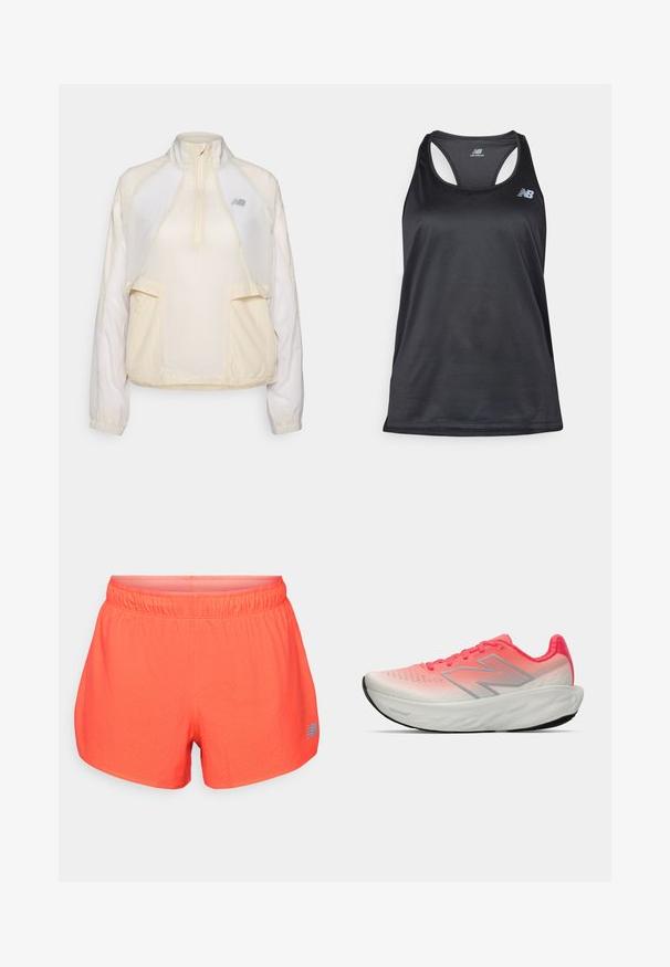 Lekki pulower w kolorze kremowym, z kołnierzem na pół-zamek, dwoma przednimi kieszeniami i delikatnie kontrastującymi fakturami materiału. Widoczna logo New Balance.; Czarny sportowy podkoszulek wykonany z lekkiego materiału, z designem na plecach typu racerback, płaskimi szwami oraz szarym logo New Balance na górnej lewej stronie.; Męskie szorty biegowe w jasnym koralu, wykonane z oddychającego materiału z perforowaną teksturą. Posiadają elastyczny pasek w talii oraz niebieski akcent logo.; Buty sportowe z gradientowym różowym i białym siatkowym wierzchem, z logo w kolorze srebrnym, amortyzowaną podeszwą i teksturowaną gumową podeszwą.