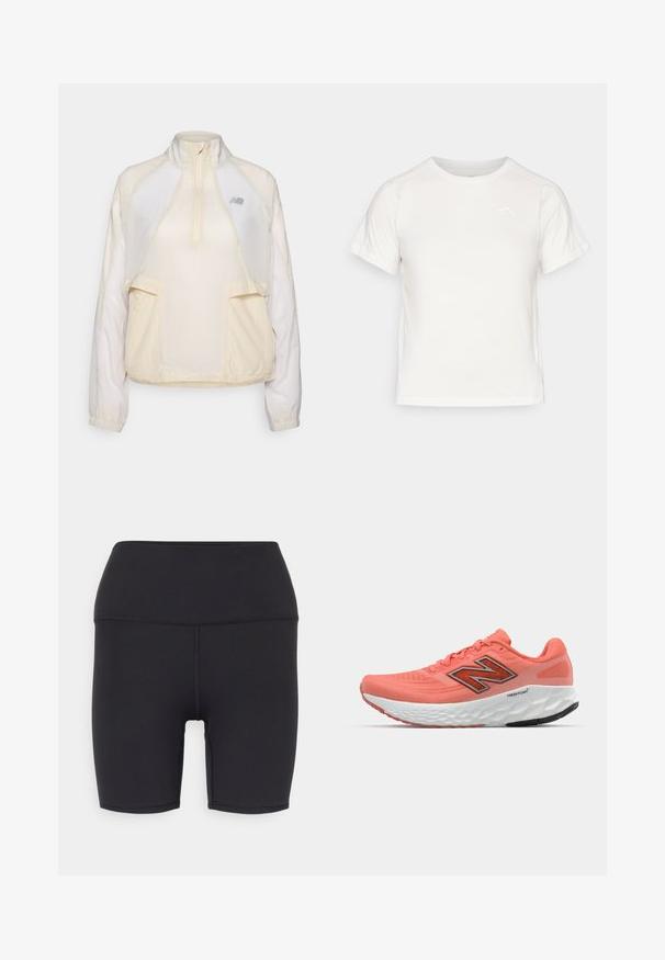 Veste légère à col zippé mi-hauteur en crème, dotée de deux poches frontales et de textures de tissu contrastantes subtiles. Logo New Balance présent.; T-shirt léger blanc à manches courtes, col rond et avec un petit logo dans le coin supérieur gauche. Tissu lisse avec un léger éclat.; Shorts de sport noirs en matériau extensible, avec une taille haute, une texture lisse et sans motifs ni accessoires visibles.; Baskets de course corail avec tige en mesh, logo noir audacieux, languette rembourrée et semelle intermédiaire blanche texturée. Comprend une semelle extérieure en caoutchouc flexible.