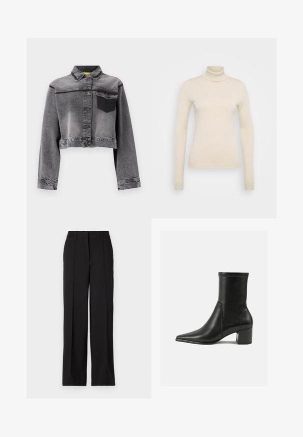 Skraćena siva traper jakna s prednjim dugmadi, oštrim kragnom, jednom džepom na prsima i kontrastnim crnim detaljima na džepu. Glatka tekstura.; Vero Moda Tall VMHAPPINESS ROLLNECK - Vesta - oatmeal; Crne hlače ravnog kroja, s dva prednja nabora, pojasom i bez vidljivih džepova ili ukrasa.; Crne gležnjače od glatke kože, s šiljastim prstom, blok petom i izraženim uvećanim šavom na gornjem rubu.
