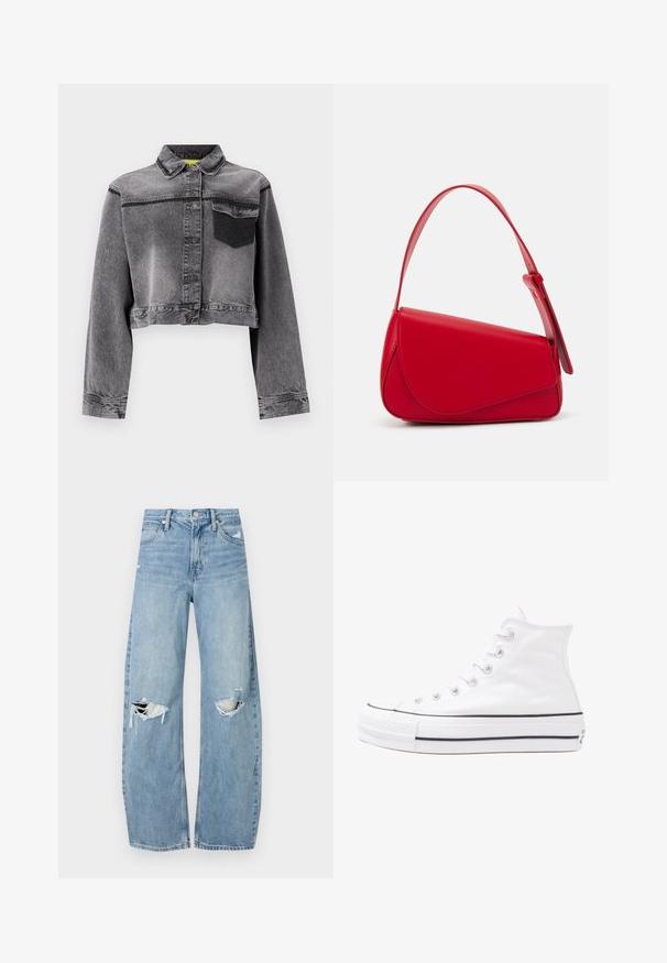 Lühendatud hall denimjope, millel on nupuline esiosa, terav krae, üks rinna-tasku ja kontrastne must tasku-detail. Sile tekstuur.; Musthave musta t-särk, millel on karu graafika ja tekst "EI NII NÄDALA, KUID MÄRG" paksult valgete tähtedega. Puuvillane materjal.; Heledad hallideega sinised teksad, millel on kõrge talje. Teksade jalgadel on lai alus, kaks rebitud kohta põlvede ümber ning klassikaline viie tasku stiil.; Valge kõrgem kangast tenniseking, millel on must kummist tald, ees kummist varvasetugi ja kuus aukku paelte jaoks, pakkudes puhta ja minimalistliku disaini.; Punane nahast käekott, millel on nurkadega geomeetriline disain. Omab ühte reguleeritavat rihma ja klappidega sulgemist, millel on õmblustega kaunistused.