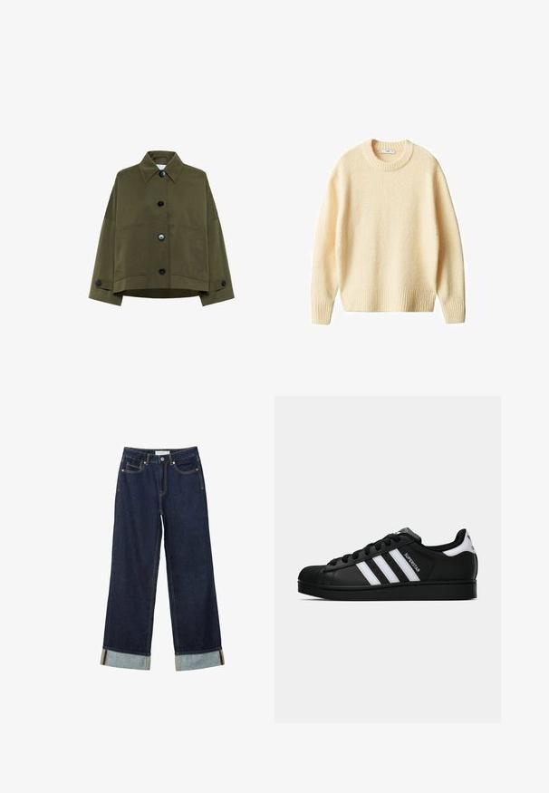 Olive green cropped jacket made of cotton fabric. Features a point collar, wide sleeves, and six black buttons with two front pockets.; Cream-colored knit sweater with a round neck, ribbed cuffs, and hem. Soft texture with a slightly loose fit, featuring a simple, clean design.; Dark blue wide-leg jeans with a high waist, featuring rolled cuffs, contrast stitching, and five-pocket design. Made of denim fabric.; Black Adidas Superstar sneaker with white stripes, shell toe, and "Superstar" text on side, shown in side profile on white background.