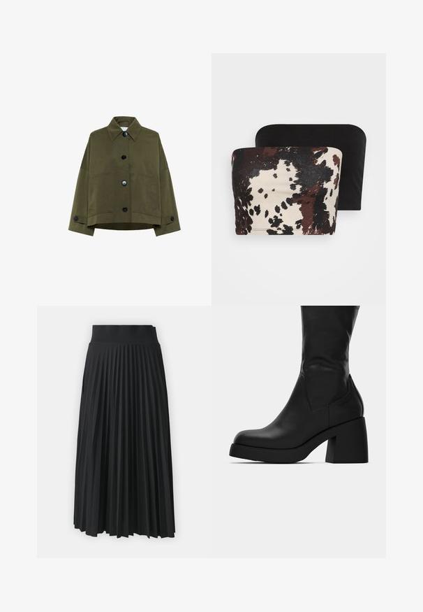 Olive green cropped jacket made of cotton fabric. Features a point collar, wide sleeves, and six black buttons with two front pockets.; Two strapless tops: one features a brown and cream abstract animal print, while the other is solid black. Both are made of soft fabric.; Black pleated skirt with a wide waistband, featuring uniform vertical folds throughout. Smooth texture with a flowing design.; Black mid-calf leather boot with chunky block heel and rounded toe, showing side profile on white background.