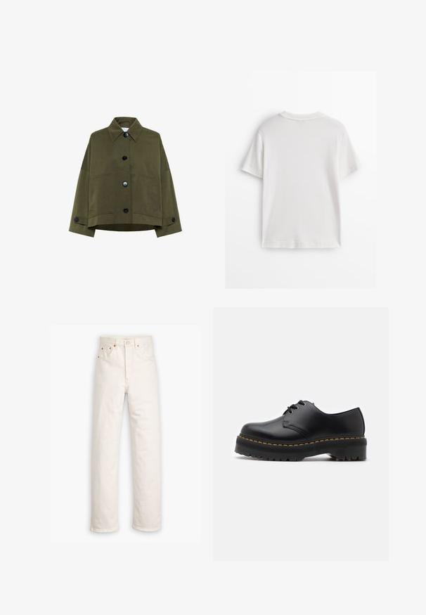 Olijfgroene cropped jasje van katoenstof. Voorzien van een puntkraag, brede mouwen en zes zwarte knopen met twee voorzakken.; Wit katoenen T-shirt met korte mouwen, een ronde hals en een gladde textuur. De achterkant is effen zonder extra patronen of ontwerpen.; Witte denim jeans met een recht gesneden ontwerp, vijf zakken en koperen hardware accenten. Afgeronde zoom aan de enkels.; Zwarte leren veterschoen met een ronde neus, dikke zwarte rubberen zool en gele stiksels langs de rand. Heeft een gladde textuur en een stevig ontwerp.