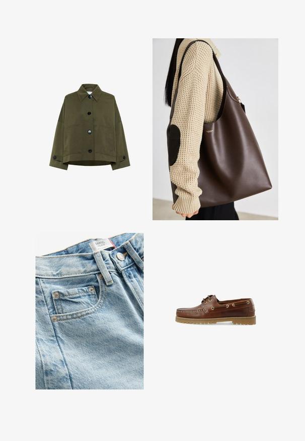 Jachetă scurtă de culoare verde măsliniu, confecționată din material de bumbac. Are guler în punct, mâneci largi și șase nasturi negri, cu două buzunare frontale.; Tricou alb din bumbac, cu un imprimeu grafic mare în roșu și bleumarin, având un cal și textul "LEVI'S THE ORIGINAL" în litere bold.; Blugi din denim de culoare albastru deschis, cu talie medie și finisaj texturat, dotati cu un buzunar frontal mic și închidere cu buton metalic. Cusături distinctive vizibile.; Pantof cu băț din piele maro, cu un design cu șireturi, decupaj jos, ochiuri metalice și o talpă din cauciuc texturată, având cusături pe față.; Geantă tote din piele maro cu un design spațios. Prezintă o textură netedă și un logo auriu subtil. Asortată cu un pulover tricotat crem.