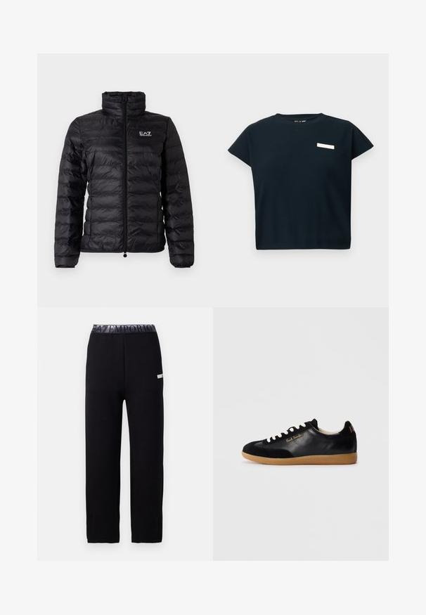 Casaco acolchoado preto com gola alta, fecho de correr completo e discreto logótipo EA7. O tecido exterior tem uma textura lisa e brilhante, com padrão acolchoado.; Top preto canelado de mangas curtas com decote redondo, apresentando um pequeno rótulo branco no peito, feito de um tecido macio semelhante ao algodão.; Calças de jogging pretas com uma textura suave e elegante, apresentando uma cintura elástica com um logótipo e um detalhe de destaque lateral. Design de perna reta.; Sapatilha de couro preta de cano baixo com atacadores brancos, sola de borracha, logo dourado "Paul Smith" na lateral e detalhe listrado multicolorido na aba do calcanhar.