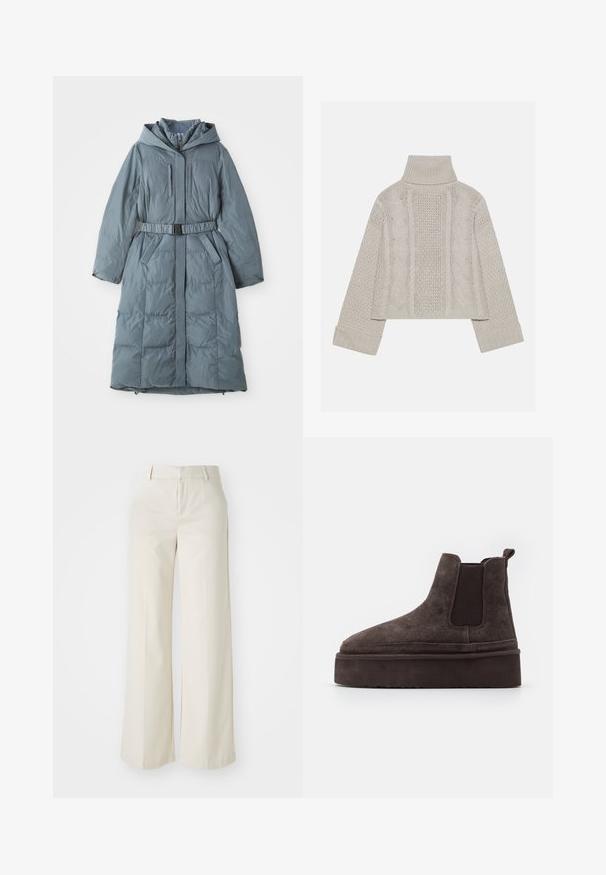 Casaco cinza almofadado com capuz, mangas longas, fecho éclair frontal, dois bolsos laterais, cintura ajustada com cinto e textura acolchoada.; Suéter tricotado cinza claro, cortado, com gola alta e punhos canelados, apresentando padrões de cabos texturizados ao longo das costas e dos lados.; Calças largas numa cor bege clara, feitas de um tecido suave. Apresentam uma cintura clássica e parte da frente lisa com linhas limpas.; Botas Chelsea em suede castanho com painéis laterais elásticos e uma sola plataforma grossa e texturizada. Apresenta uma alça na parte de trás para facilitar o calce.
