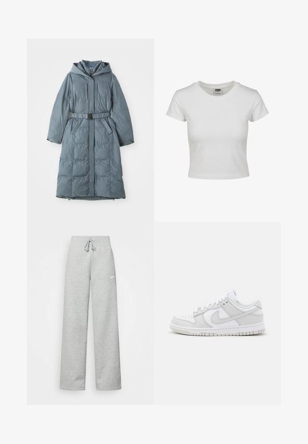 Grå polstret jakke med hette, lange ermer, glidelås foran, to sidelommer, innsvingt midje med belte, og quiltet tekstur.; Hvit bomulls t-skjorte med klassisk rund hals, korte ermer og en tettsittende form. Ingen mønstre eller detaljer synlige.; Grå joggebukser med elastisk midje, snøring og en liten hvit Nike-logo på venstre lår. Mykt stoff, løs passform.; Hvite lær sneakers med grå detaljer, perforert tå, flate lisser, polstret krage og en teksturert gummisåle.