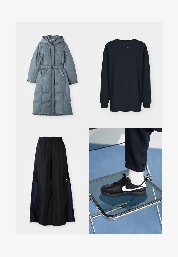 Abrigo acolchado gris con capucha, mangas largas, cremallera frontal, dos bolsillos laterales, cintura ajustada con un cinturón y textura acolchada.; Camiseta negra de manga larga hecha de algodón con cuello redondo. Presenta un logo blanco de Nike en el pecho. Textura suave, diseño sencillo.; Pantalones de pierna ancha negros, confeccionados en una tela ligera, con un panel lateral azul marino y una cinturilla elástica. Logotipo blanco pequeño en la parte inferior.; Zapatillas Nike negras con acentos blancos, con una textura de cuero suave, diseño de cordones y punta redondeada, colocadas sobre una silla de cristal.