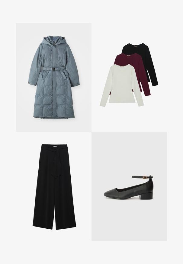 Grå vadderad kapp med huva, långa ärmar, framdragkedja, två sidofickor, åtdragen midja med bälte och kviltad textur.; Långärmade t-shirts i vitt, vinrött och svart. Tillverkade av mjukt tyg med rund halsringning och figurnära design. Lämpliga för lager-på-lager.; Svarta vida byxor med texturerad tyg, elastisk midja och en avtagbar käppknut i midjan för justerbar passform.; Svart läderpump med spetsig tå och en låg klack. Har en ankelsnodd med en guldtonad spänne. Slät textur.