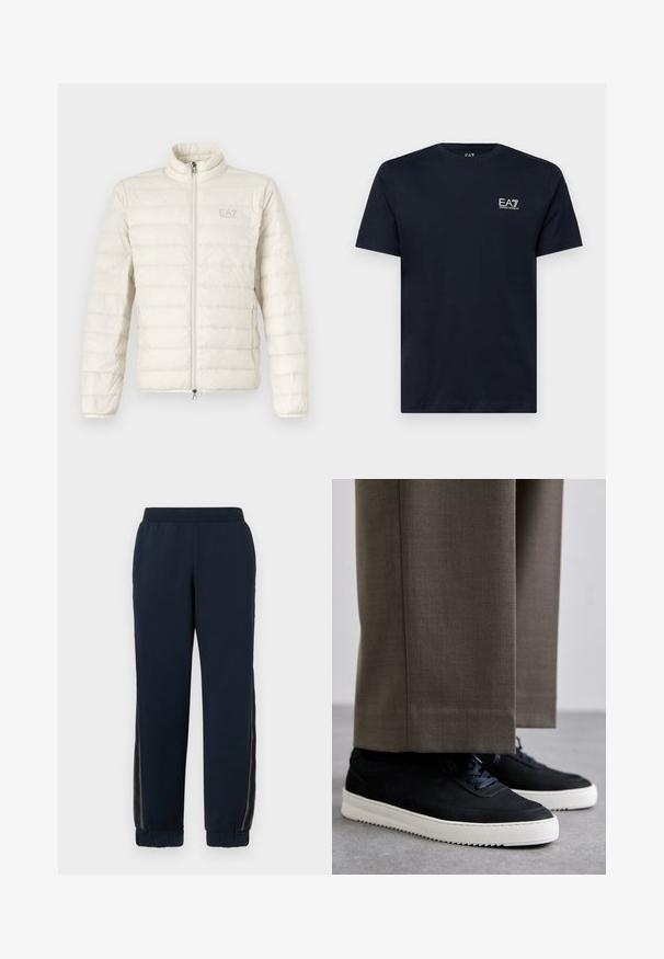 EA7 Emporio Armani TRAIN CORE JACKET - Pūkinė striukė - whitecap gray; Tamsiai mėlynas medvilninis marškinėliai su trumpomis rankovėmis, apykakle ir mažu baltu siuvinėtu logotipu kairėje krūtinės pusėje. Lygi tekstūra.; Tamsiai mėlynos kelnės su minkštu paviršiumi, siaurėjančiais dugnais ir tinklinėmis šoninėmis dalimis. Elastingas juosmuo užtikrina patogumą ir atsipalaidavusį modelį.; Juodi zomšiniai sportbačiai su baltais guminiais padais, su apvalia nosimi ir raišteliais, dėvimi su pilkais pritaikytais kelnais.