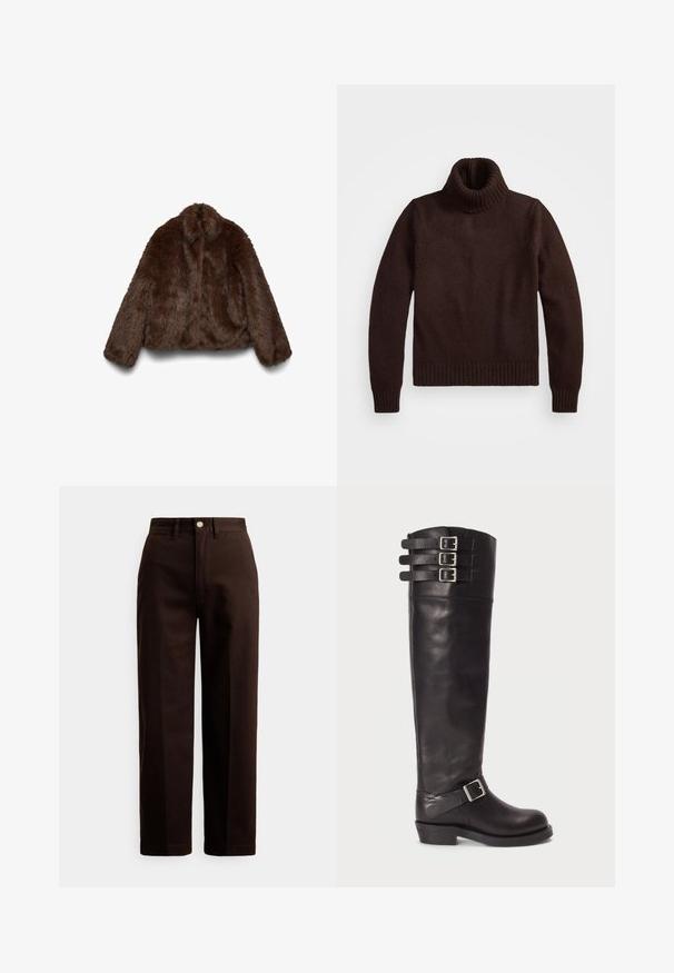 Chaqueta de peluche sintético marrón con textura suave, cuello alto y mangas largas; diseño corto que realza su forma voluminosa.; Suéter marrón de punto grueso con cuello alto y ribete en el dobladillo. Presenta mangas largas y un corte holgado, fabricado con un material textil suave.; Pantalones marrón oscuro de pierna recta con cierre de botón y cremallera, trabillas para cinturón y bolsillos delanteros sobre fondo blanco.; Bota de cuero negro hasta la rodilla con punta redonda, tres hebillas de cinta en la parte superior y un detalle de hebilla lateral. Suela plana y textura suave.