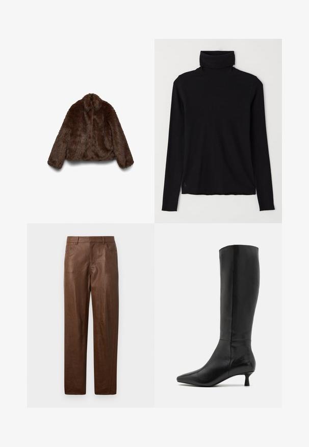 Brown faux fur jacket with a soft texture, high collar, and long sleeves; cropped design enhances its voluminous shape.; Black turtleneck sweater made of ribbed fabric. Long sleeves, close-fitting design, and a slightly relaxed hem with no visible patterns or hardware.; Brown leather pants with a smooth texture, straight leg design, and two side pockets. Features visible stitching details.; Zign Boots - black