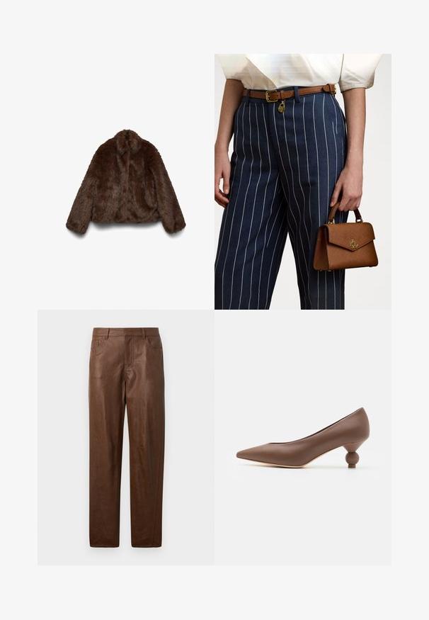 Bruine jas van nepbont met een zachte textuur, hoge kraag en lange mouwen; het cropped ontwerp benadrukt de volumineuze vorm.; Zwarte coltrui van ribstof. Lange mouwen, aansluitend ontwerp en een iets relaxte zoom zonder zichtbare patronen of hardware.; Bruine leren broek met een gladde textuur, rechte pijpen en twee zijzakken. Bevat zichtbare stikdetails.; Bruine leren pump met spitse neus en een unieke afgeronde balhak. Soepele textuur, strakke ontwerp en minimalistische details.; Bruine getextureerde handtas met gouden accenten, vastgehouden naast marineblauwe gestreepte broek met witte verticale lijnen. Eenvoudig, gestructureerd ontwerp.