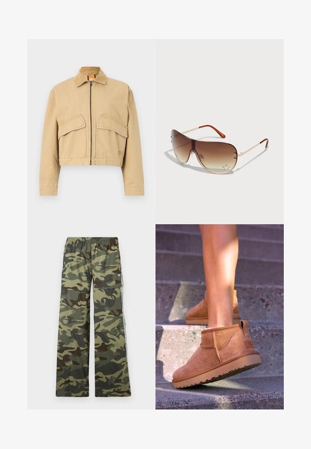 Beskyttende beige jakke med kordfløyelskrage, frontglidelås og to store lommer. Laget av solid bomullsmateriale.; Grå zip-up hettegenser med stor hette, lange ermer og frontlommer. Glatt tekstur med avslappet passform og minimal detaljer.; Hvit bomulls tanktop med brede skulderstropper, rund halslinje og en glatt, ribbet tekstur. Ingen mønstre eller aksenter present.; Camouflage-mønstrede cargo-bukser i nuancer af grøn og brun med bred ben-design, elastisk talje og sidelommer med striber.; Brune sued støvletter til ankelen med en myk tekstur, sydet detaljer og gummisåle, med en løkket hæl for enkel påkledning.; Solbriller med brune gradientlinser, metallramme og dekorativt stjernemønster med strass på nederste høyre linse.