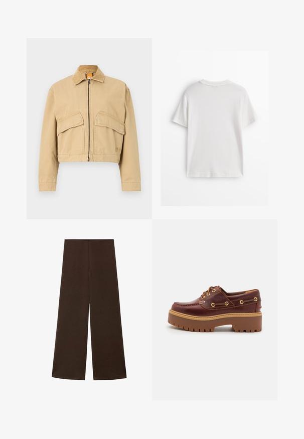 Przycięta beżowa kurtka z kołnierzem z kordurowej tkaniny, z przodu na zamek błyskawiczny i dwoma dużymi kieszeniami naszytymi. Wykonana z mocnego materiału bawełnianego.; Biała bawełniana koszulka z krótkim rękawem, okrągłym dekoltem i gładką fakturą. Tył jest gładki, bez dodatkowych wzorów czy zdobień.; Szerokie spodnie wykonane z gładkiej, ciemnobrązowej tkaniny. Posiadają wysoki pas i minimalistyczny design bez ozdób.; Brązowe skórzane buty typu boat shoe z grubą brązową gumową podeszwą, złotymi oczkami i kontrastowym szwem. Posiadają logo na boku.
