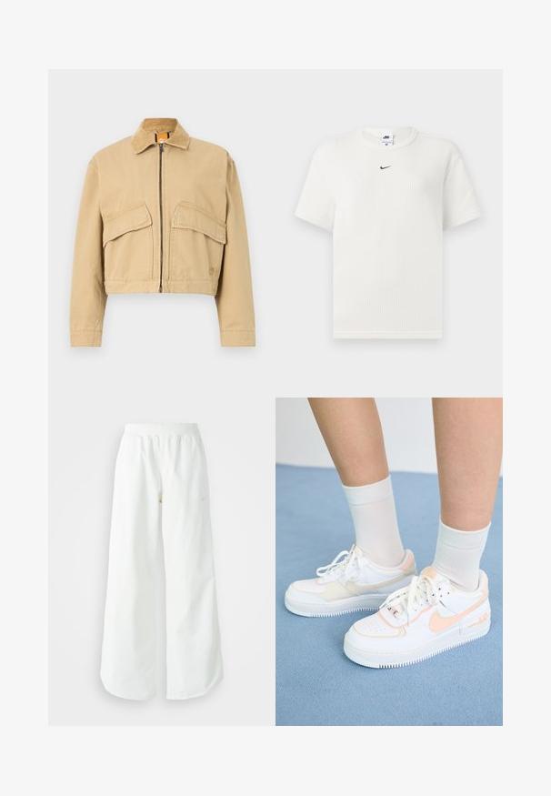 Lühendatud beež jakk, millel on korgitserist krae, esi-taskulukk ja kaks suurt paigaldustaskut. Valmistatud vastupidavast puuvillasegust.; Valge soonikline T-särk ümmarguse kaelusega ja lühikeste varrukatega. Ees on väike must Nike logo. Tekstuuriga kangas ja sobiv kujundus.; Valged laiad spordipüksid, ribadega vöökoht ja diskreetne logosümbol. Sile kangas, lõdvestatud istuvus ja kitsenev ääreosa.; Valged tossud virsiku aktsentidega, siledast nahast ülemine osa, perforatsiooni mustri pool, tekstureeritud talla ja paeltega. Kantud valgete lühikeste sokkidega sinisel pinnal.