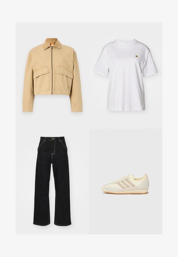 Zkrácená béžová bunda s kordovým límcem, předním zipem a dvěma velkými našitými kapsami. Vyrobeno z odolného bavlněného materiálu.; Bílý bavlněný tričko s volným střihem, krátkými rukávy a malým vyšívaným logem na levé části hrudi.; Černé široké džínsy vyrobené z denimu, s kontrastním bílým prošitím a předním zapínáním na knoflík, se dvěma šikmými předními kapsami.; Krémové sportovní tenisky s třemi béžovými pruhy, z velurové a textilní materiály, s texturovanou podrážkou a embosovaným logem na patě.