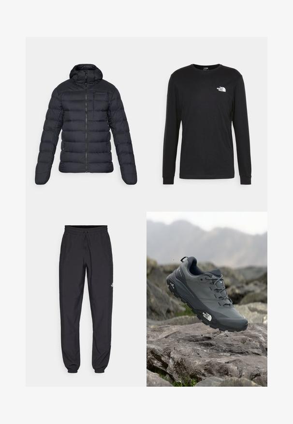 Casaco puffer preto com capuz, fecho de zip e design acolchoado com costuras visíveis. Material leve e corte ajustado.; Camisola de manga longa preta feita de algodão, com um logo branco no lado esquerdo do peito e punhos canelados. Textura suave com decote redondo.; Calças atléticas pretas feitas de tecido leve, com um cós ajustável por cordão, bolsos laterais e punhos afunilados nos tornozelos.; Sapatilha de corrida em trilhos cinza com um cabedal texturizado, sola de borracha durável e ponteira reforçada. Apresenta atacadores e o logótipo da marca de lado.