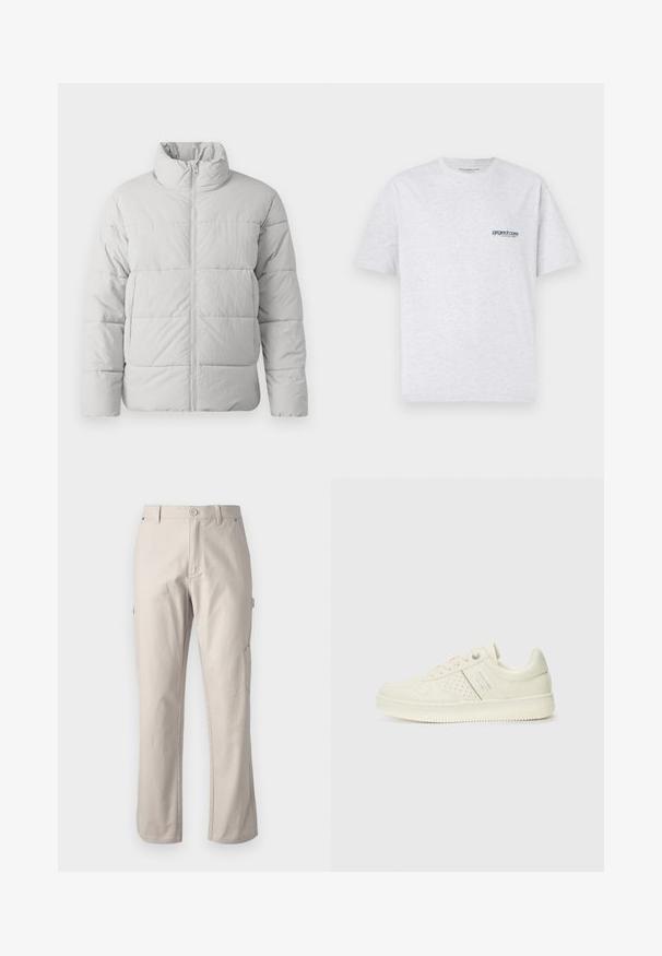 Only & Sons GLOBAL PUFFER - Winterjacke - cool grey; Graues T-Shirt mit kurzen Ärmeln, das ein kleines blaues "Project Core"-Logo auf der linken Brustseite zeigt, auf einem schlichten Hintergrund.; Beige Cargo-Hosen aus robuster Baumwolle mit geraden Beinen, vorderem Knopfverschluss und Seitentaschen für praktische Nutzung. Glatte Textur mit feinen Nähten.; Cremefarbene Sneaker mit perforierten Details, Schnürsenkeln und Logo an der Seite, vor einem schlichten weißen Hintergrund präsentiert.