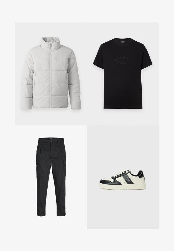 Only & Sons GLOBAL PUFFER - Veste d'hiver - cool grey; T-shirt en coton noir à manches courtes et col rond. Présente "ORIGINALS Studio" embossé en lettres tonales sur le devant.; Pantalons cargo noirs en tissu résistant, dotés de plusieurs poches, d'une fermeture par bouton et d'une coupe slim avec des jambes fuselées.; Baskets en cuir avec un schéma de couleurs noir et crème, dotées d'accents perforés, d'un col rembourré et d'une semelle texturée.