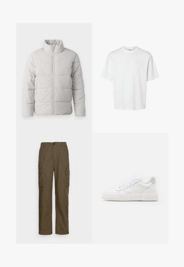 Only & Sons GLOBAL PUFFER - Chaqueta de invierno - cool grey; Camiseta blanca de algodón con mangas cortas, escote redondo y un corte relajado. Textura suave sin patrones o acentos visibles.; Pantalones cargo en verde oliva, hechos de un tejido resistente. Presenta dos bolsillos laterales, una cintura estándar y un diseño de pierna recta.; Zapatillas de cuero blanca con un acabado suave, punta redondeada, cordones planos y una suela texturada. Acento de ante gris en el talón.