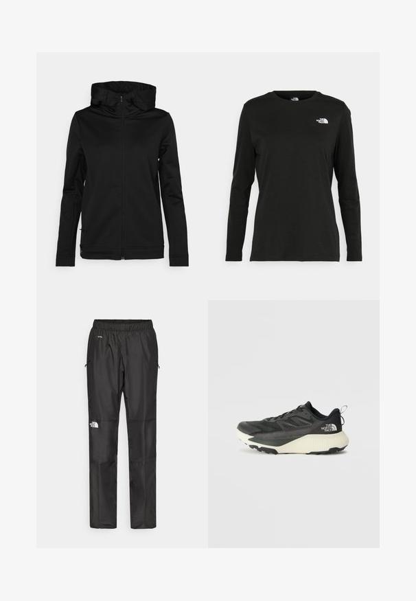 Svart zip-up jacka med huva, tillverkad av ett slätt, stretchigt material. Har långa ärmar och en figurnära silhuett.; Svart långärmad t-shirt i bomull med rund hals. Har en liten vit logotyp på vänster bröstområde. Enkelt design och passform.; Svarta vattentäta byxor i lättviktsmaterial, med elastisk midja, sidofickor och en logotyp på vänster ben.; Svart atletisk sko med en texturerad ovandel, med grå accenter och en vit mellanläggssula. Inkluderar en dragtab och en framträdande varumärkeslogotyp på hälen.