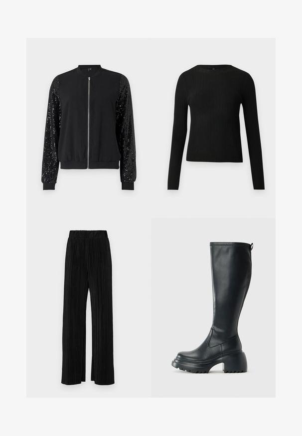 Giubbotto bomber nero con zip frontale, maniche decorate con paillettes in contrasto, polsini e orlo a coste, realizzato in tessuto morbido.; Maglione fitted a maniche lunghe nero a costine con scollo rotondo, esposto su uno sfondo chiaro e semplice.; Pantaloni neri a plissé con vita elasticizzata. Presentano gamba ampia e un tessuto liscio e texture con strisce verticali.; Stivale lungo in pelle nera con suola piatta robusta e tacco a blocco, dotato di linguetta e battistrada testurizzato sulla suola.