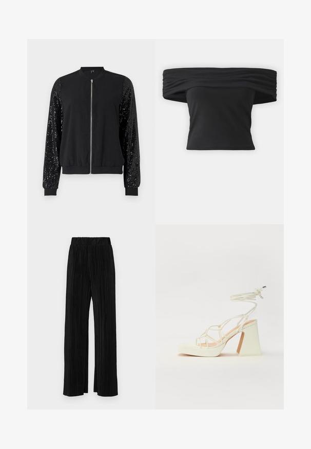 Sort bomberjakke med lynlås foran, kontrasterende ærmer prydet med perler, ribbede manchetter og kant, med en glat stofkrop.; Sort off-the-shoulder top med samlet tekstur ved halsudskæringen, korte ærmer og en tætsiddende, cropped design. Fremstillet af strækbart materiale.; Sorte plisserede bukser med elastisk talje. Har brede ben og et glat, tekstureret stof med lodrette striber.; Hvide højhælede sandaler med en kraftig hæl, der har et stropdesign og ankelbinding. Glat tekstur med en platform foran for ekstra højde.